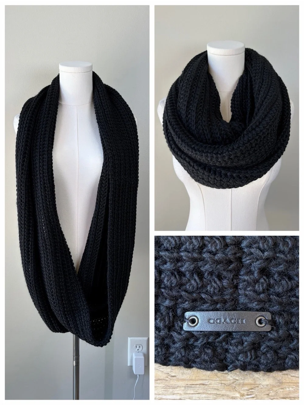 COACH Black Wool Blend Chunky Knit Infinity Scarf Cozy Winter City Girl